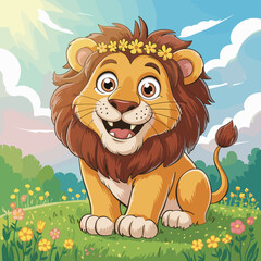 Cartoon lion cub with flower crown smiling in field, adorable animal illustration