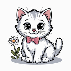 Obraz premium Cute white kitten with pink bow tie sitting next to daisy flower, cartoon drawing