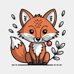 Fototapeta premium Cute cartoon fox sitting with berry and plant illustration, animal, adorable