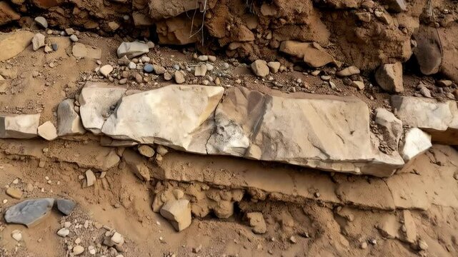 Sedimentary rock layers showing stratigraphy with visible pebbles and gravels in a geological formation, textured ground surface