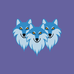 Three stylized blue wolves pack, animal illustration, canine heads, cute graphic