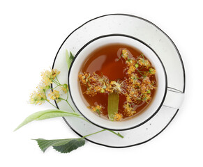 Tasty linden tea in cup, leaves and flowers isolated on white, top view