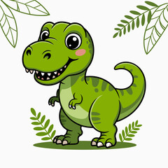 Obraz premium Cartoon green tyrannosaurus rex dinosaur smiling happily with cute leaves