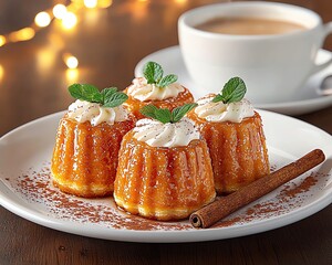 French Canele with Warm Cafe Background paired with cinnamon stick and cappuccino, ambient cafe lighting with bokeh for a charming Parisian feel