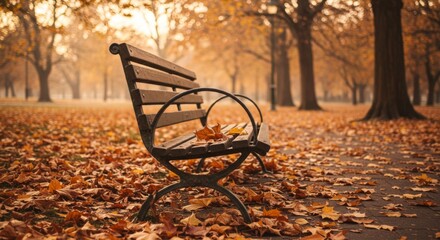 Empty Wooden Park Bench Surrounded by Golden Autumn Leaves