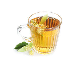 Tasty linden tea in cup, leaves and flowers isolated on white