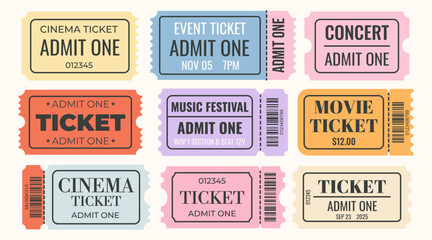 Set of colorful admit tickets template. Ticket for cinema, movie, circus, theater, film, festival, club, music. Event admission, entrance pass set. Vector illustration 