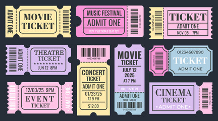 Set of colorful admit tickets template. Ticket for cinema, movie, circus, theater, film, festival, club, music. Event admission, entrance pass set. Vector illustration 