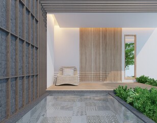 Modern minimalist outdoor lounge with natural materials and decorative pool. 3D rendering of a peaceful relaxation space featuring wooden slats, patterned tiles, and lush greenery.