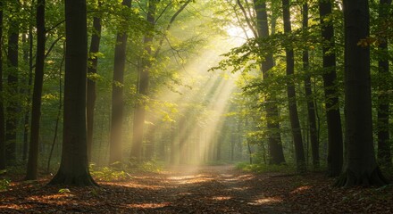 Fototapeta premium Sunlit Forest Path: Golden Beams Illuminate Green Trees