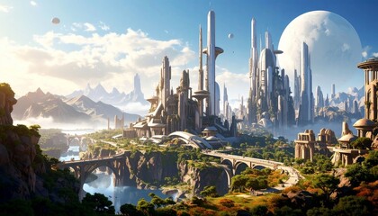 Fototapeta premium Futuristic Cityscape: A Harmonious Blend of Nature and Technology