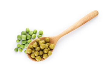 Pickled and fresh peas in spoon isolated on white, top view