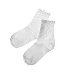 Pair of comfortable socks isolated on white, top view