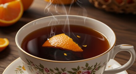 Steaming Cup of Orange Tea on Wooden Table
