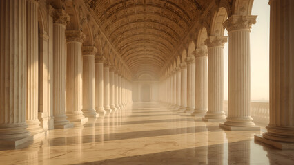 Sunlit Beige Marble Colonnade with Ethereal Mist and Distant Landscape