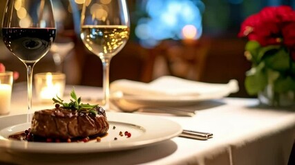 Elegant dinner featuring a grilled steak filet with a glass of red wine and another of white wine with ambient candlelight.