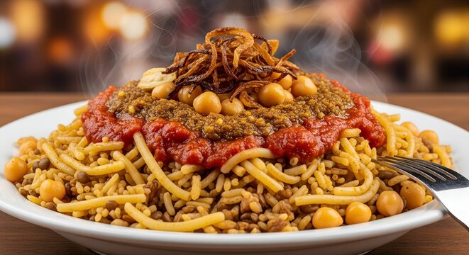 special delicious egyptian koshari meal with noodles, spaghetti and lentil
