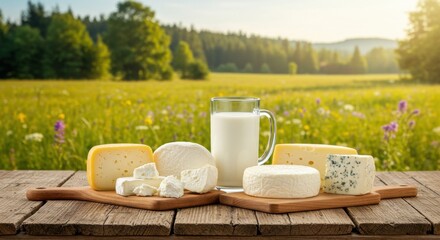 Assorted cheeses and a glass of fresh milk arranged on rustic wooden boards, set against a scenic countryside backdrop. Ideal for promoting natural dairy products and healthy nutrition