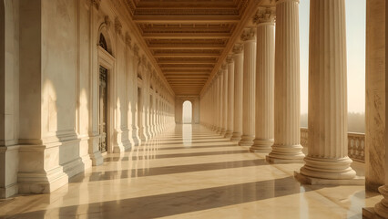 Fototapeta premium Sunlit Classical Colonnade with Long Shadows and Warm Beige Tones