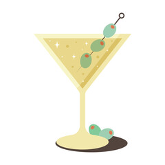 Isolated icon with cocktail Dirty Martini with  olives on transparent background. Beverage element.Cocktail Martini  concept.  Icon for decorations. Flat cartoon design. Vector illustration