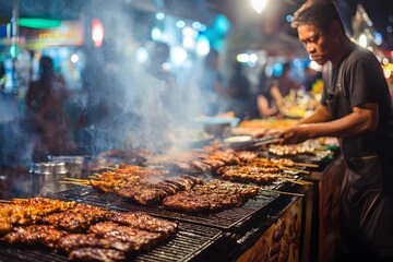 Explorer trying street food in open air night market