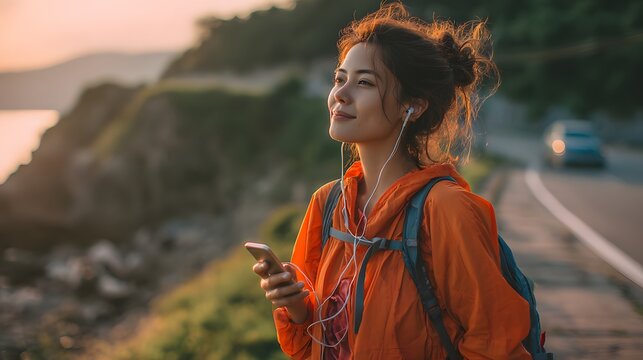 Woman listening to podcast while walking scenic route