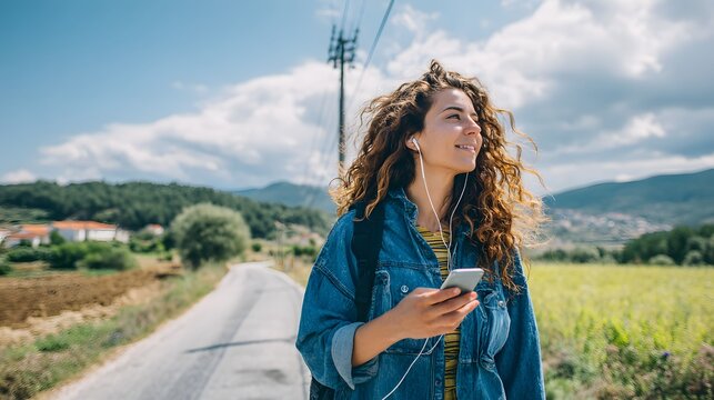 Woman listening to podcast while walking scenic route - Powered by Adobe