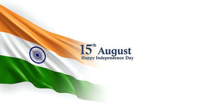 Waving Indian tricolor flag with 15 August text and Ashoka Chakra on white background for Independence Day Greeting or poster design