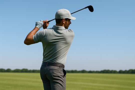 Golfer frozen mid-swing in a clear silhouette, body posture emphasizing technique. Golf learning
