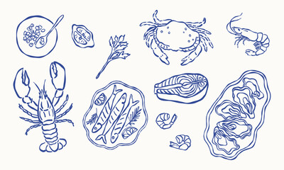 Various seafood elements line art set. Vector hand drawn illustration. All elements are isolated.