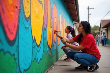 Obraz premium Volunteers Create Vibrant Mural, Transforming Community Center with Collaborative Art