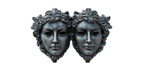 Dual Classical Masks Sculpture. Symbolism Of Duality And Artistry In Theater And Culture Isolated On Transparent Background