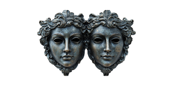 Dual Classical Masks Sculpture. Symbolism Of Duality And Artistry In Theater And Culture Isolated On Transparent Background