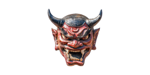 Traditional Japanese Oni Mask With Horns. Symbol Of Folklore And Cultural Heritage Isolated On Transparent Background