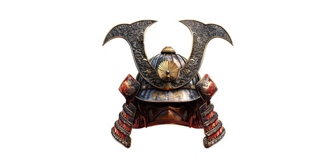 Naklejka premium Samurai Helmet With Ornate Design. Traditional Japanese Armor Symbolizing Honor And Heritage Isolated On Transparent Background