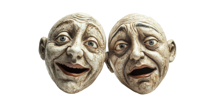 Two Theatrical Comedy And Tragedy Masks. Symbolizing Duality Of Human Emotions Isolated On Transparent Background