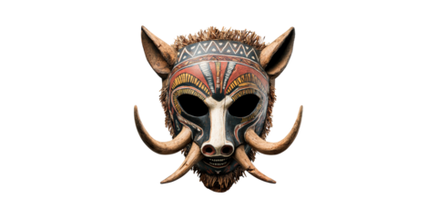 Intricately Designed Tribal Boar Mask With Tusks. Cultural Heritage And Artistic Expression Isolated On Transparent Background