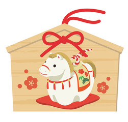 かわいい馬の絵馬のイラスト、午年の年賀状素材