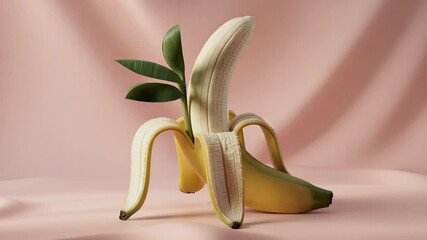 Peeled banana with leaves soft pink background closeup food photography - Powered by Adobe