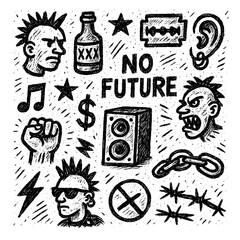 Punk Doodle Symbol Collection – Hand-Drawn Riot, Protest, Chaos, and Grunge Sketch Icons