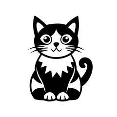 Cartoon black and white cat sitting with curly tail