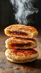 Korean Bungeoppang with Steam Rising being broken in half midair, melted red bean filling exposed and steam captured in motion, strong directional light