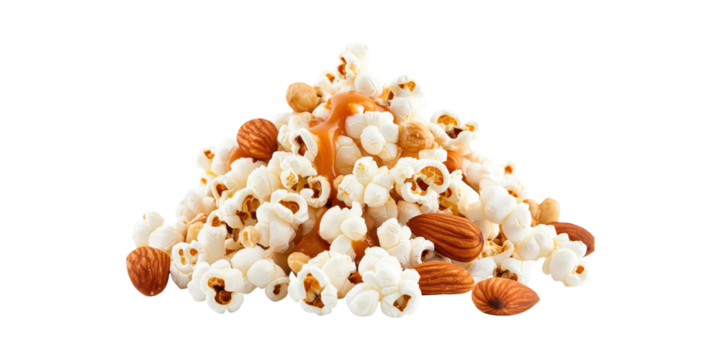 Popcorn And Nuts With Caramel Drizzle. Gourmet Snack Mix For Indulgent Treats Isolated On Transparent Background