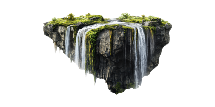 Floating Island With Waterfalls And Lush Greenery. Surreal Nature And Fantasy Concept Isolated On Transparent Background