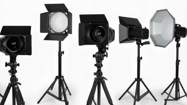 Studio lighting equipment setup showcasing different light modifiers, including softboxes, spotlights, fresnel lens fixtures, all mounted on tripods for filmmaking.
