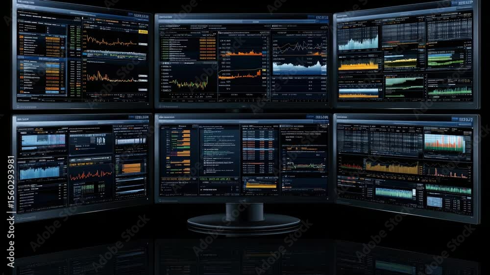 Poster watch detailed analysis and visualization of financial data using multiple screens for better insigh