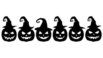 Obraz premium Set of black pumpkins in hats silhouette on tranparent background