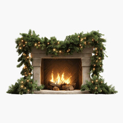 Festive Fireplace with Christmas Garland and Burning Fire