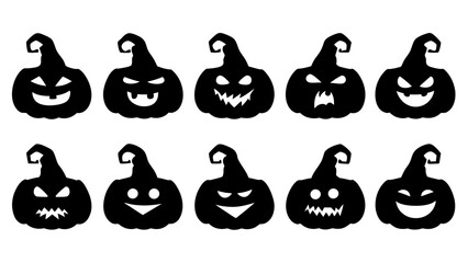 Set of black pumpkins in hats silhouette on tranparent background