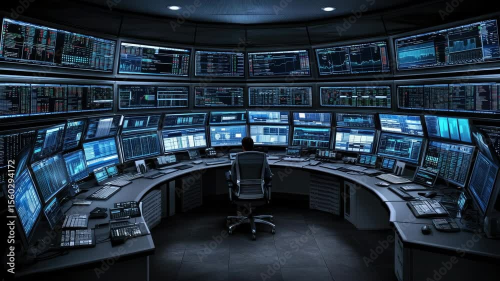 Poster a professional operates multiple screens displaying data analytics and trends in a modern monitoring